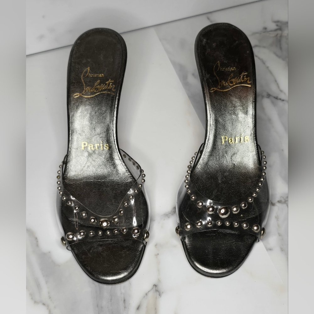Vintage 1998 Christian Louboutin Leather Studded PVC Mules Heels Size:35.5 US:5